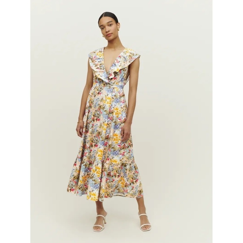 NWT Reformation Reina Dress‎ Countryside Floral Ruffle V Neck Tie Back Size 4